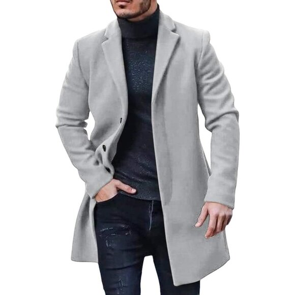 Men's Grey Trench Coat Winter Single Breasted Pea Coat Warm Soft Overcoat